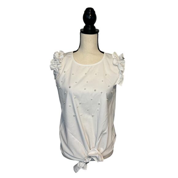 Vivid Importers of NY Tie Front Pearl Blouse Womens Sz Small White Ruffle Sleeve - Picture 2 of 8